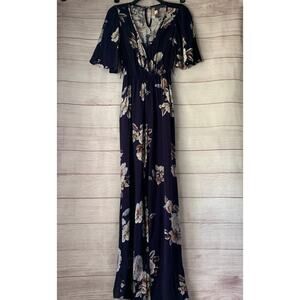 Band of Gypsies Dark Blue Floral Jumpsuit Butterfly Sleeve Elastic Waist Size XS
